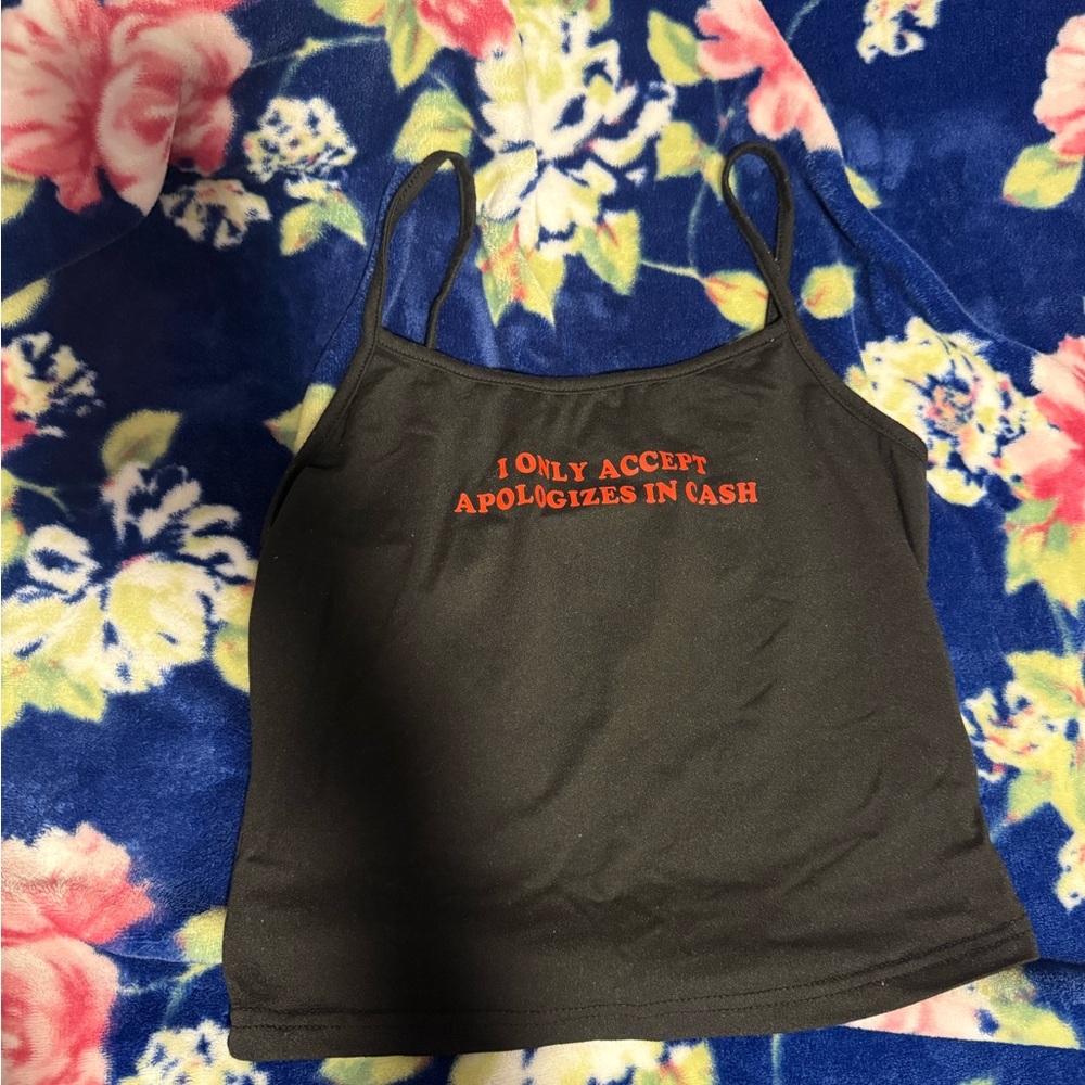 SHEIN Black Spaghetti-Strap Crop Camisole with Red Slogan